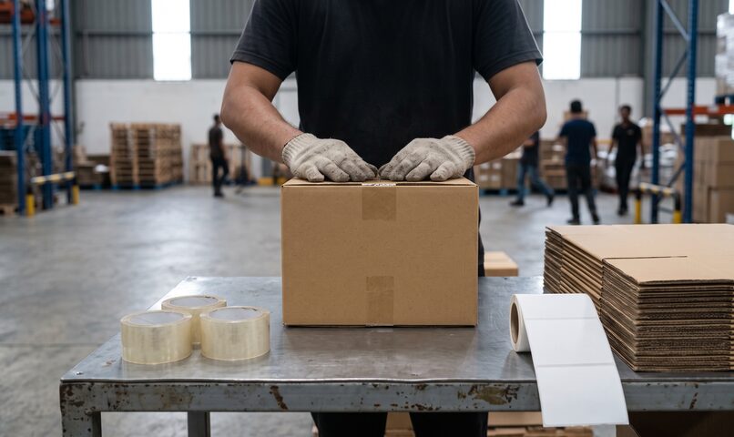 Gloved hands closing a plain carton on a packing bench, tape and flat boxes beside it.