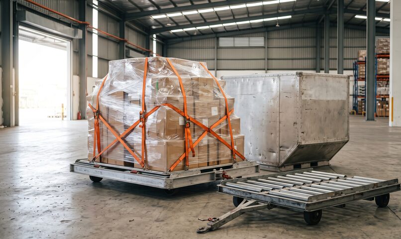 A strapped air freight pallet and an aluminium cargo container on a warehouse floor.